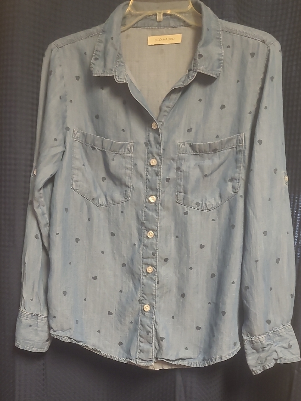 Malibu Light Blue Button-Down Shirt with Navy Heart Print